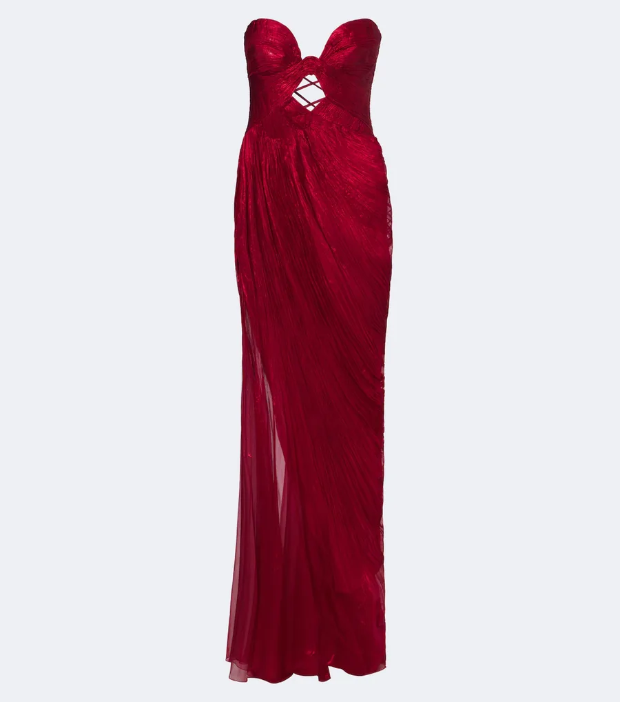 Silk Crimson Evening Gown — strapless draped gown in crimson